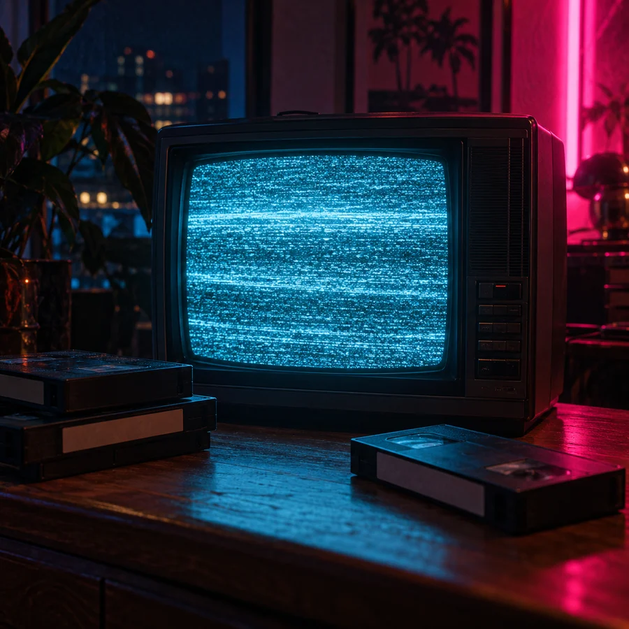 An original cinematic scene of a vintage television and VHS tapes in cyan and magenta light.