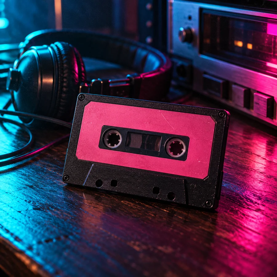 An original neon-lit still life of a cassette tape and vintage headphones.